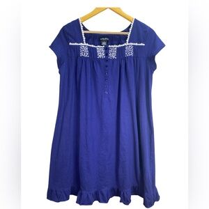 Earth Angels Nightgown Small Navy Blue Embroidered Button Front Short Sleeve